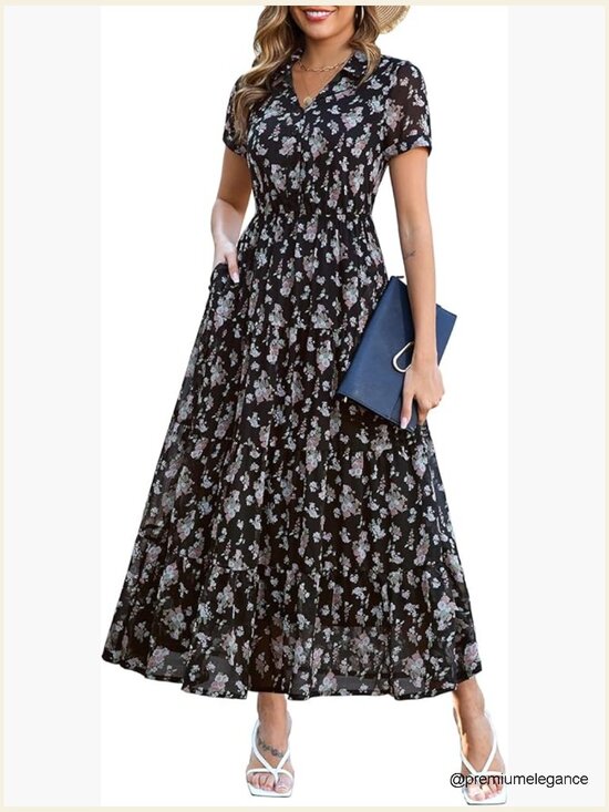 Dresses & Skirts - Floral Maxi Dress with Pockets, V-Neck, Tiered Skirt, Chiffon